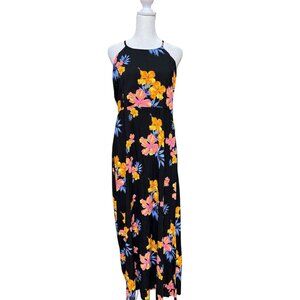 28 Palms Tropical Hibiscus Halter Maxi Dress Black M Open Back
